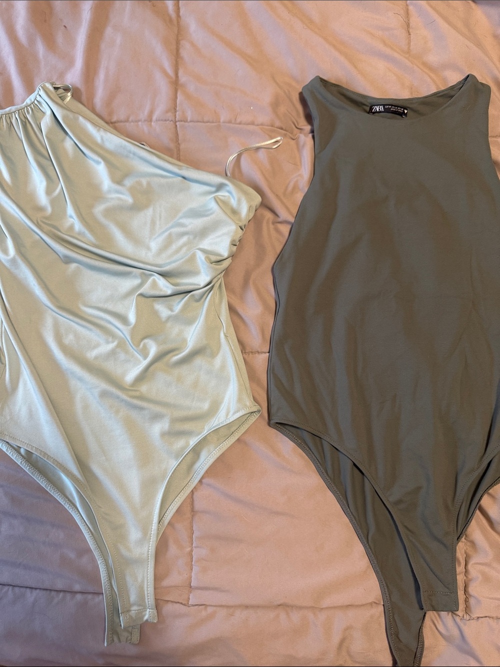 Zara Olive Green Sleeveless Bodysuit with Light Mint One-Shoulder Bodysuit Duo